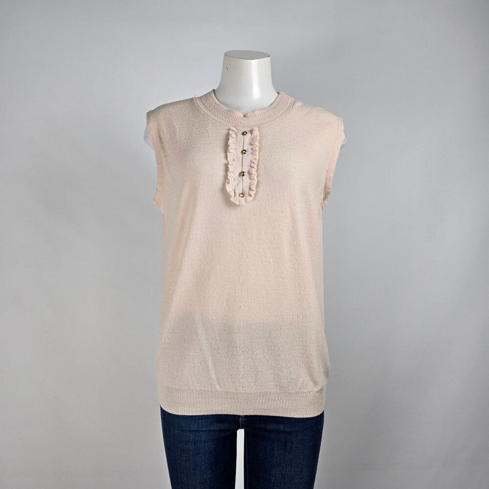 Vintage Cream Knit Beige Ruffle Neckline Knit Top Size L